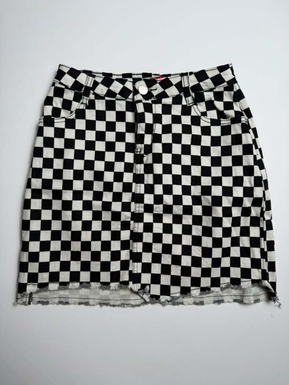Black & White Checkered Denim Mini Skirt Skater Grunge Retro Style Size S (25)